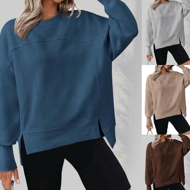 Versatile Women's Round-Neck Sweatshirt: Loose Fit & Side Slits