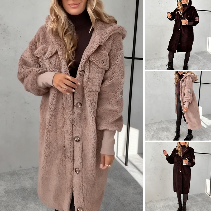 Women’s Button-Down Midi Fuzzy Coat with Hood