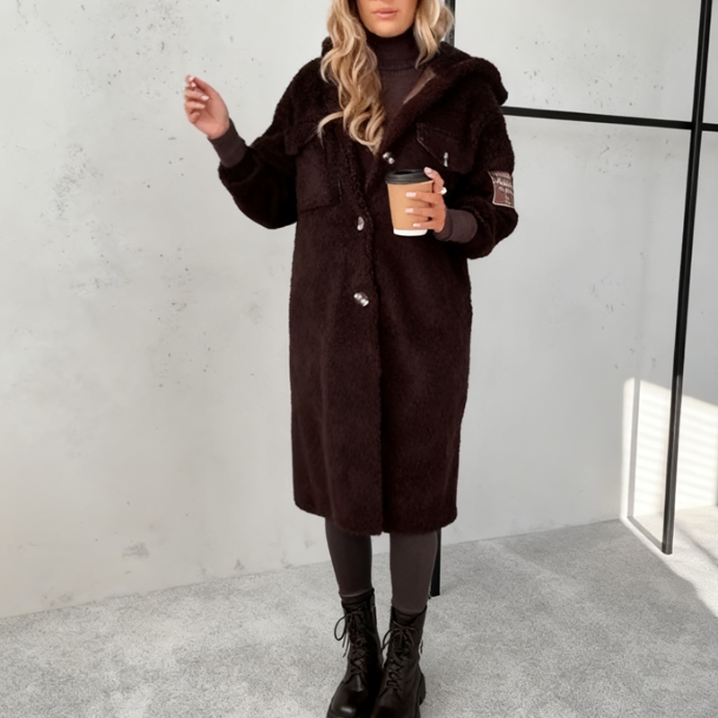 Women’s Button-Down Midi Fuzzy Coat with Hood