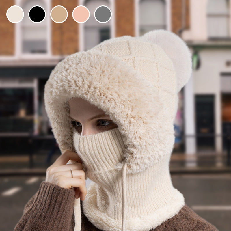 Stylish Chunky Winter Knit Hat - With Warm Face Cover and Scarf