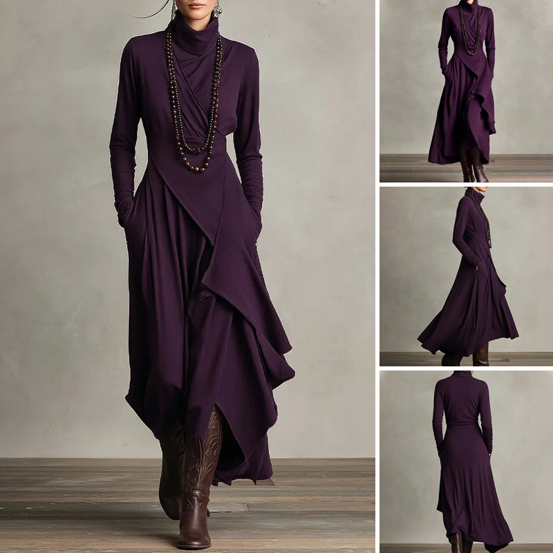 Women's Elegant High-Neck Asymmetrical Maxi Dress – Draped Design for Effortless Charm!