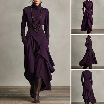 Women's Elegant High-Neck Asymmetrical Maxi Dress – Draped Design for Effortless Charm!