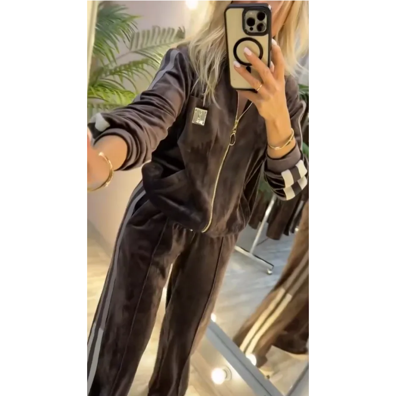 Women's Corduroy Tracksuit Set with Stripe Detail