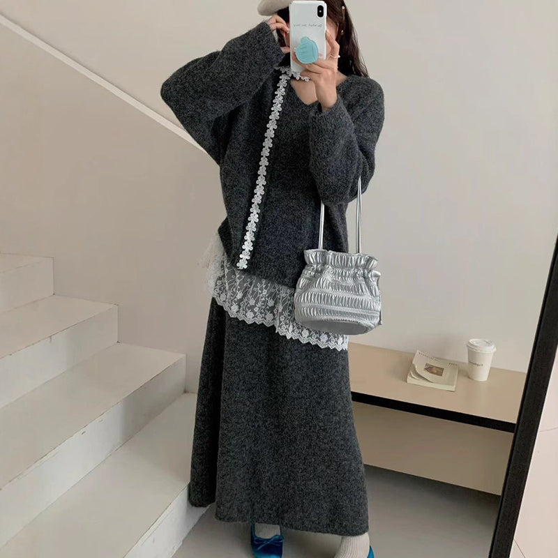 ✨ Women’s Lace-Trim Knit Sweater & Skirt 2-Piece Set — Effortless Elegance for Autumn & Winter ❄️👗