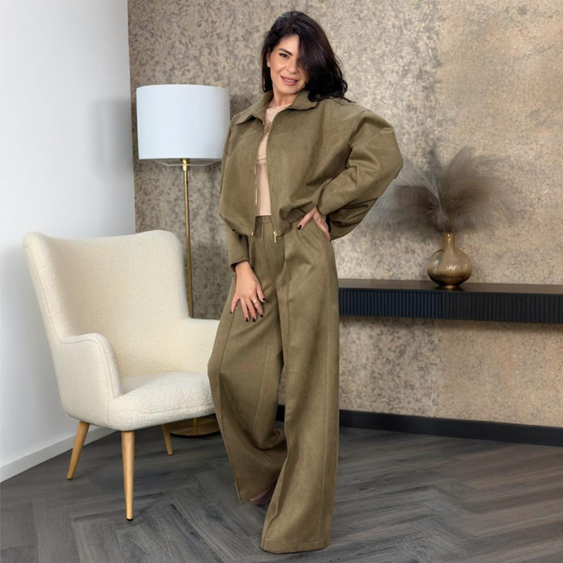 Women's Zip-Up Jacket & Wide-Leg Pants Two-Piece Set