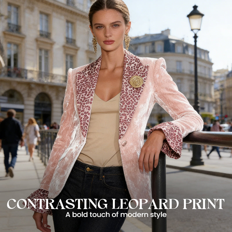 Women's Velvet Blazer with Leopard-Print Lapel