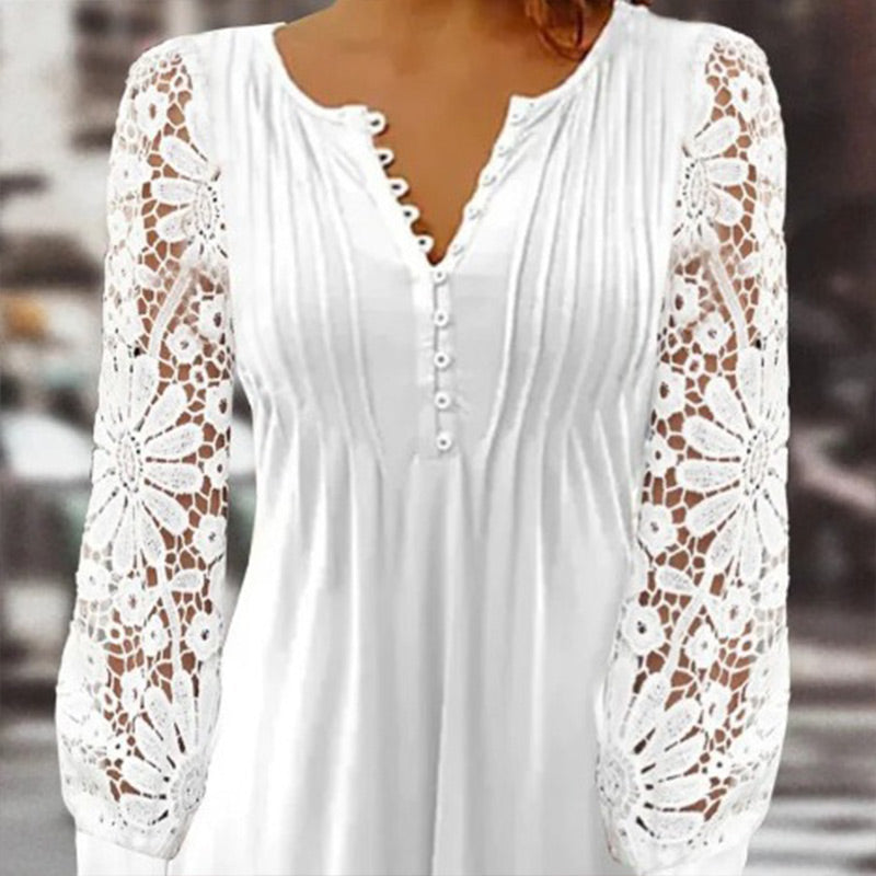 Blouse With Floral Pattern Long Sleeve V-Neck Line And Lace