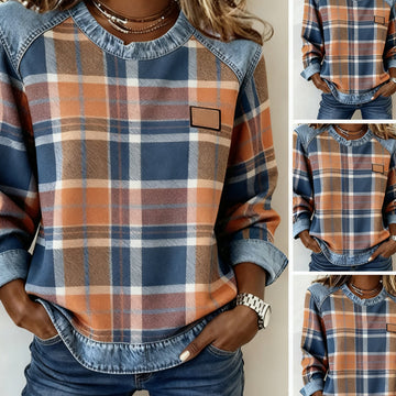 Women's Denim Patchwork Plaid Long-Sleeve Tops