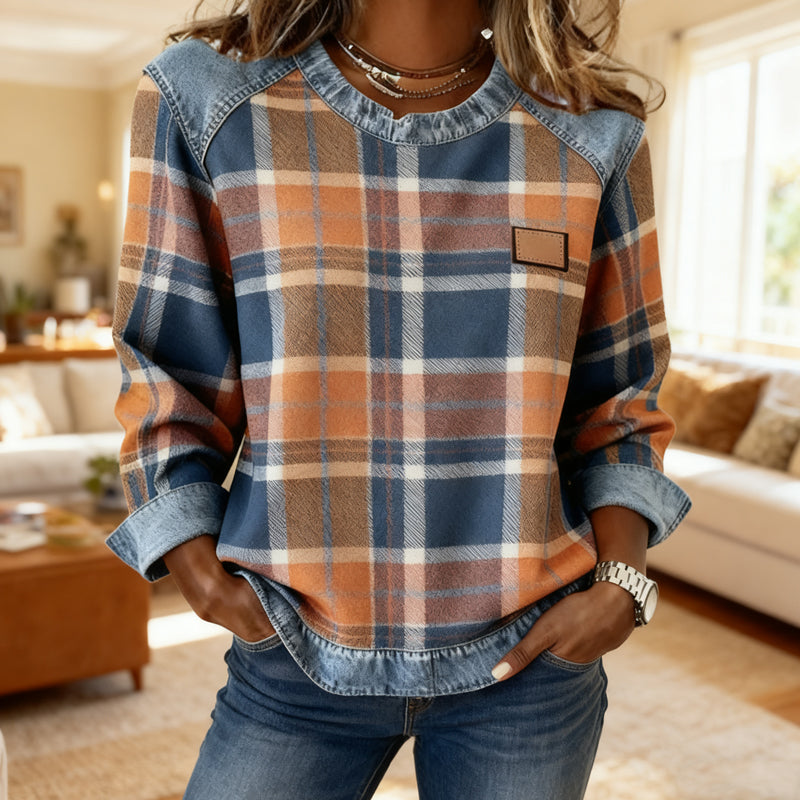 Women's Denim Patchwork Plaid Long-Sleeve Tops