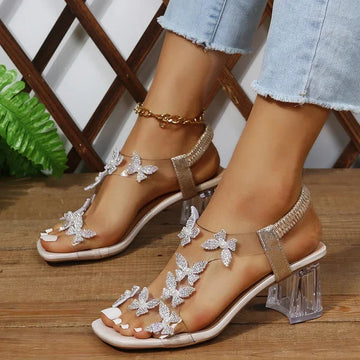 Women’s Butterfly Rhinestone Block Heel Sandals