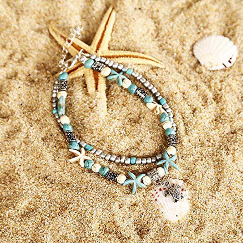 Blue Starfish Sea Turtle Elephant Multilayer Charm Beads Anklet