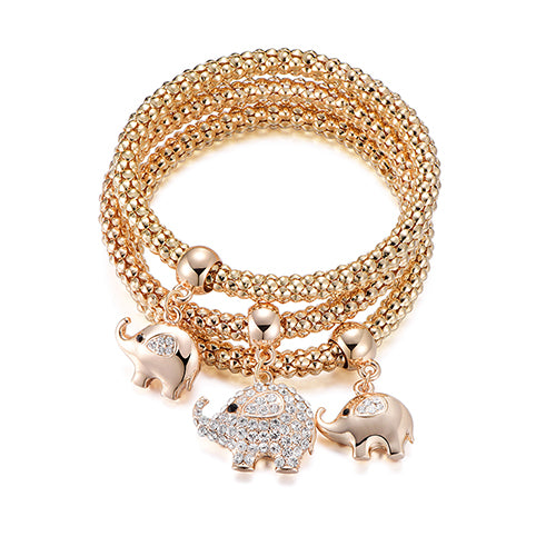 Adjustable 3Pcs/Set Cute Elephant Crystal Charms Bracelets